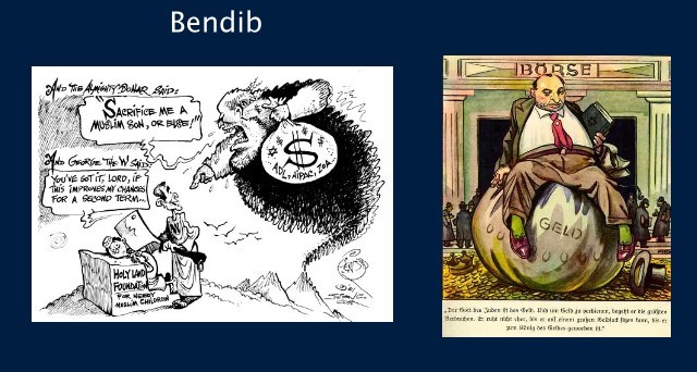 Left: Bendib cartoon depicting a genie holding a bag with a dollar sign, a Star of   David and the names of three American Jewish organizations.  Right: Picture from the Nazi children's book, Der Giftpilz (The Toadstool).  Its   caption reads: "Money is the God of the Jews."