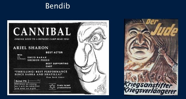 Left: Bendib cartoon depicting former Israeli Prime Minister Ariel Sharon using an   anti-Jewish stereotype strikingly similar to that of a beer coaster from Nazi Germany.    The beer coaster reads: "Whoever buys from a Jew betrays his people."